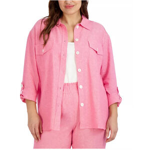 Jones New York Oversized Button-Down Linen Shacket Pink Size XL